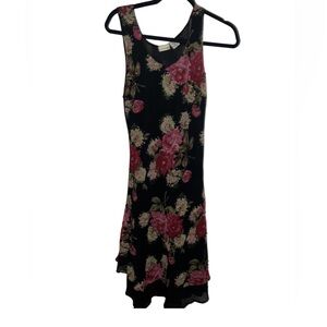 Vintage 90s Y2K Black Floral Embellished Slip Dress | Sheer Hem | Size L